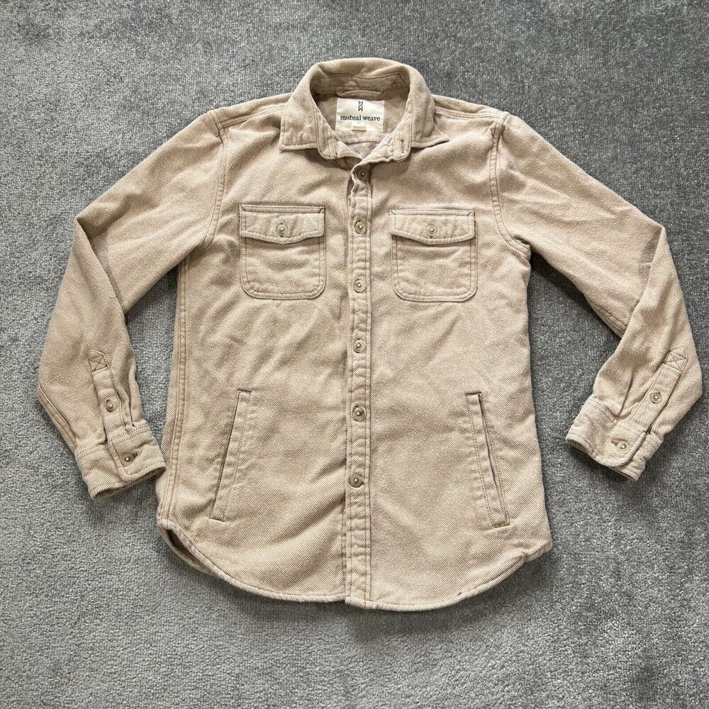 Mutual Weave Men’s Flannel Shirt Jacket Size Small Neutral Beige Tan Pockets